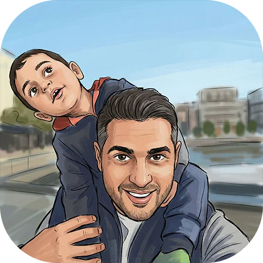 Logo for aymen.se featuring an illustration of a man giving a young boy a piggyback ride against a city skyline
